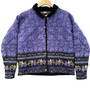 Vintage Nordic Tapestry Knit Cardigan Jacket Purple Floral Folk Whimsigoth Sz M